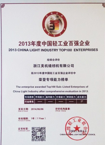 荣登2013年度中国轻工业成长能力百强企业、